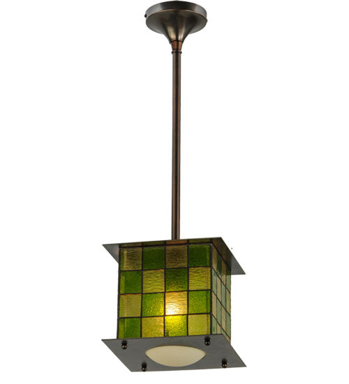Meyda Lighting Utopia 14" Mahogany Bronze Plaza Mini Pendant Light With Green and Yellow Shade Glass