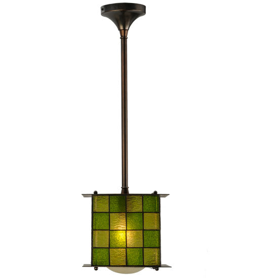 Meyda Lighting Utopia 14" Mahogany Bronze Plaza Mini Pendant Light With Green and Yellow Shade Glass