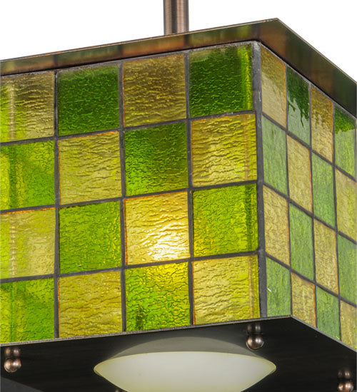 Meyda Lighting Utopia 14" Mahogany Bronze Plaza Mini Pendant Light With Green and Yellow Shade Glass