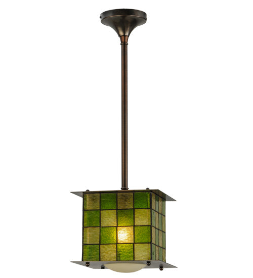 Meyda Lighting Utopia 14" Mahogany Bronze Plaza Mini Pendant Light With Green and Yellow Shade Glass