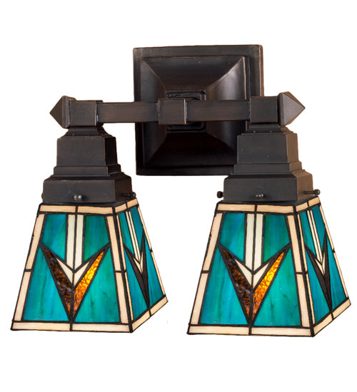 Meyda Lighting Valencia Mission 12" 2-Light Mahogany Bronze Wall Sconce With Multi-Colored Shade Glass