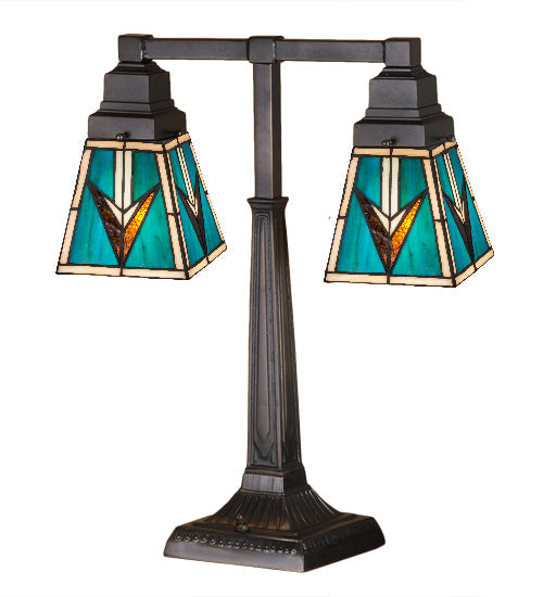 Meyda Lighting Valencia Mission 20" 2-Light 2-Arm Mahogany Bronze Desk Table Lamp With Multi-Colored Shade Glass