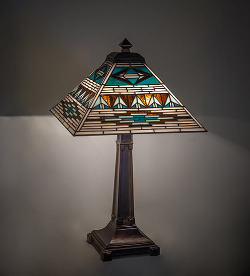 Meyda Lighting Valencia Mission 24" 2-Light Mahogany Bronze Table Lamp With Multi-Colored Shade Glass