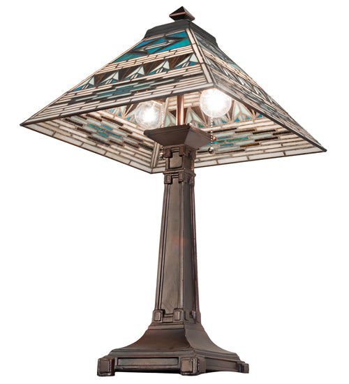 Meyda Lighting Valencia Mission 24" 2-Light Mahogany Bronze Table Lamp With Multi-Colored Shade Glass