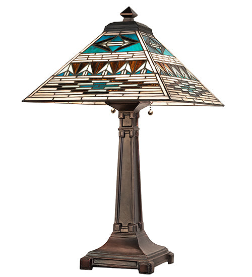 Meyda Lighting Valencia Mission 24" 2-Light Mahogany Bronze Table Lamp With Multi-Colored Shade Glass