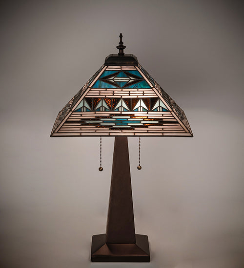 Meyda Lighting Valencia Mission 24" 2-Light Mahogany Bronze Table Lamp With Multi-Colored Stained Shade Glass