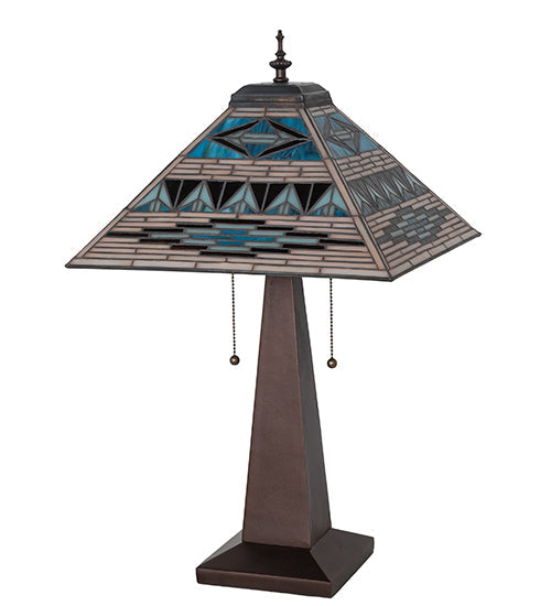 Meyda Lighting Valencia Mission 24" 2-Light Mahogany Bronze Table Lamp With Multi-Colored Stained Shade Glass