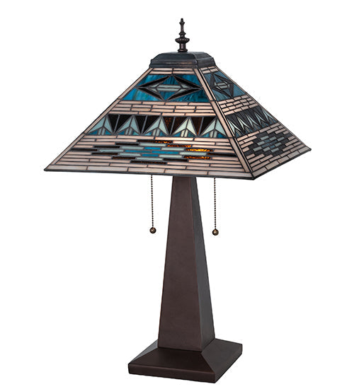 Meyda Lighting Valencia Mission 24" 2-Light Mahogany Bronze Table Lamp With Multi-Colored Stained Shade Glass