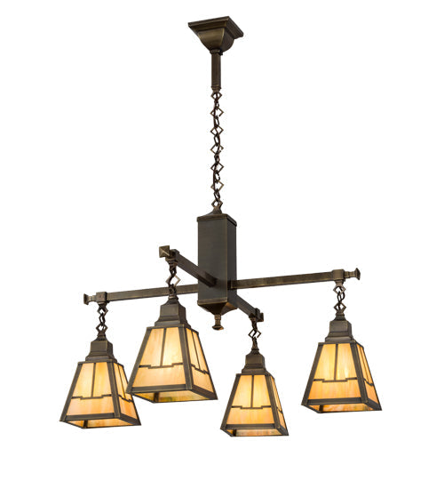 Meyda Lighting Valley View 30" 4-Light Antique Brass Mission Pendant Light With Beige Iridescent Shade Glass