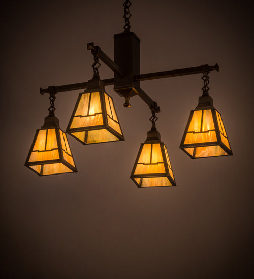 Meyda Lighting Valley View 30" 4-Light Antique Brass Mission Pendant Light With Beige Iridescent Shade Glass