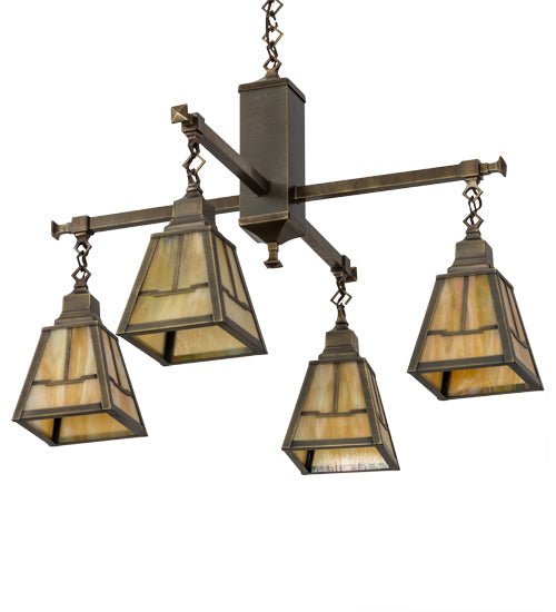Meyda Lighting Valley View 30" 4-Light Antique Brass Mission Pendant Light With Beige Iridescent Shade Glass
