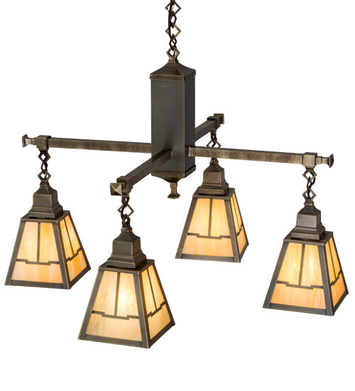 Meyda Lighting Valley View 30" 4-Light Antique Brass Mission Pendant Light With Beige Iridescent Shade Glass