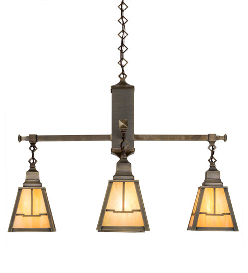 Meyda Lighting Valley View 30" 4-Light Antique Brass Mission Pendant Light With Beige Iridescent Shade Glass