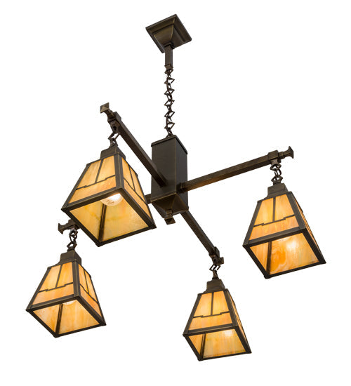 Meyda Lighting Valley View 30" 4-Light Antique Brass Mission Pendant Light With Beige Iridescent Shade Glass