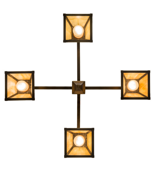 Meyda Lighting Valley View 30" 4-Light Antique Brass Mission Pendant Light With Beige Iridescent Shade Glass