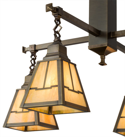 Meyda Lighting Valley View 30" 4-Light Antique Brass Mission Pendant Light With Beige Iridescent Shade Glass