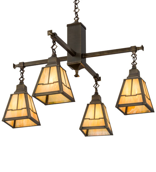 Meyda Lighting Valley View 30" 4-Light Antique Brass Mission Pendant Light With Beige Iridescent Shade Glass