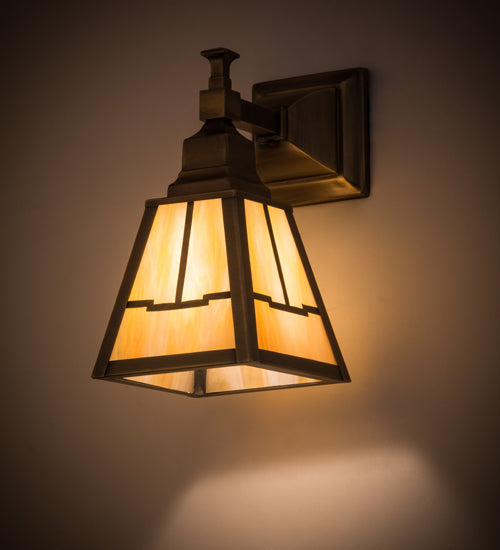 Meyda Lighting Valley View 6" Antique Brass Mission Wall Sconce With Beige Iridescent Shade Glass