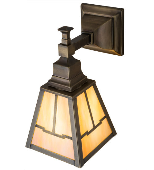 Meyda Lighting Valley View 6" Antique Brass Mission Wall Sconce With Beige Iridescent Shade Glass