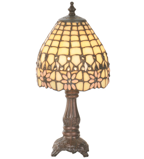 Meyda Lighting Victorian Flourish 13" Antique Mini Table Lamp With Pink & Beige Shade Glass