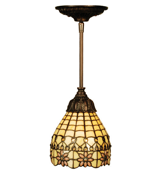 Meyda Lighting Victorian Flourish 6" Mahogany Bronze Mini Pendant Light With Pink & Beige Shade Glass