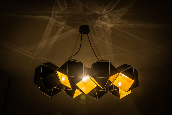 Meyda Lighting Vierzehn 40" 9-Light Black Island Pendant Light With Gold & Black Shade Glass