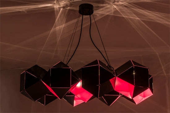 Meyda Lighting Vierzehn 40" 9-Light Black Island Pendant Light With Violet & Black Shade Glass