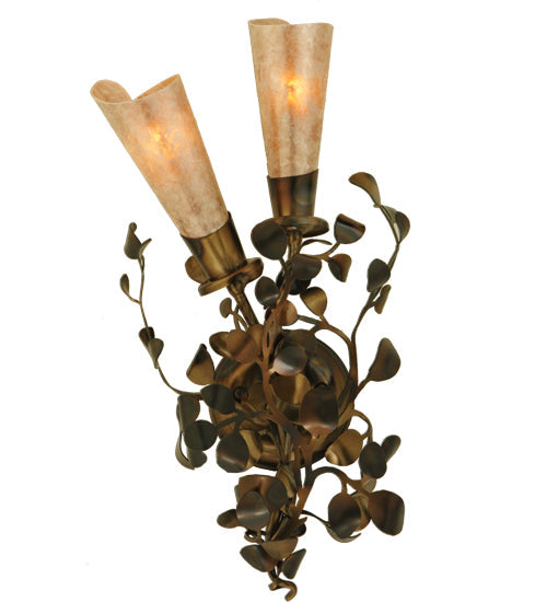 Meyda Lighting Vinca Vine 10" 2-Light Dark Burnished Antique Copper Wall Sconce With Silver Mica Shade Glass