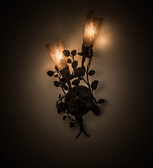 Meyda Lighting Vinca Vine 10" 2-Light Wrought Iron Wall Sconce With Silver Mica Shade Glass
