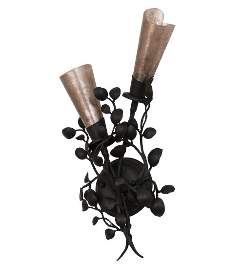 Meyda Lighting Vinca Vine 10" 2-Light Wrought Iron Wall Sconce With Silver Mica Shade Glass