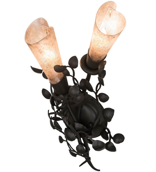 Meyda Lighting Vinca Vine 10" 2-Light Wrought Iron Wall Sconce With Silver Mica Shade Glass