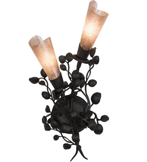 Meyda Lighting Vinca Vine 10" 2-Light Wrought Iron Wall Sconce With Silver Mica Shade Glass