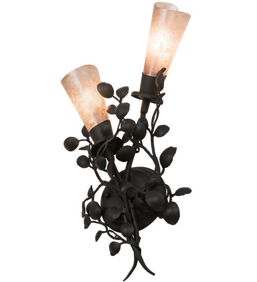Meyda Lighting Vinca Vine 10" 2-Light Wrought Iron Wall Sconce With Silver Mica Shade Glass