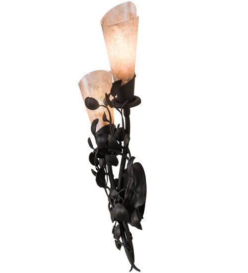 Meyda Lighting Vinca Vine 10" 2-Light Wrought Iron Wall Sconce With Silver Mica Shade Glass