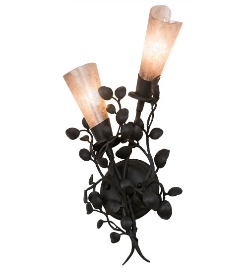 Meyda Lighting Vinca Vine 10" 2-Light Wrought Iron Wall Sconce With Silver Mica Shade Glass