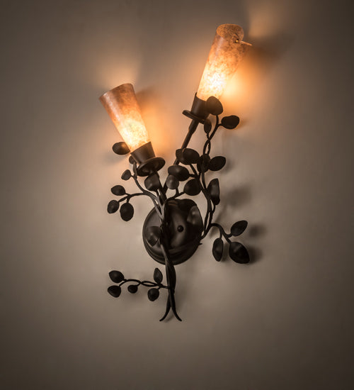 Meyda Lighting Vinca Vine 15" 2-Light Textured Black Wall Sconce With Silver Mica Shade Glass