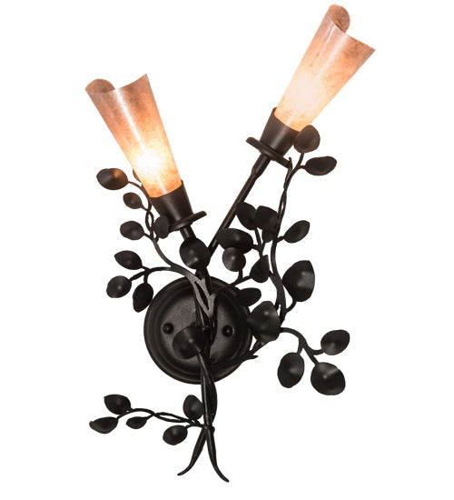 Meyda Lighting Vinca Vine 15" 2-Light Textured Black Wall Sconce With Silver Mica Shade Glass