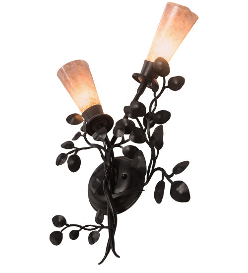 Meyda Lighting Vinca Vine 15" 2-Light Textured Black Wall Sconce With Silver Mica Shade Glass
