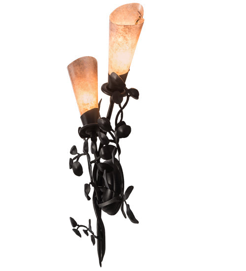 Meyda Lighting Vinca Vine 15" 2-Light Textured Black Wall Sconce With Silver Mica Shade Glass