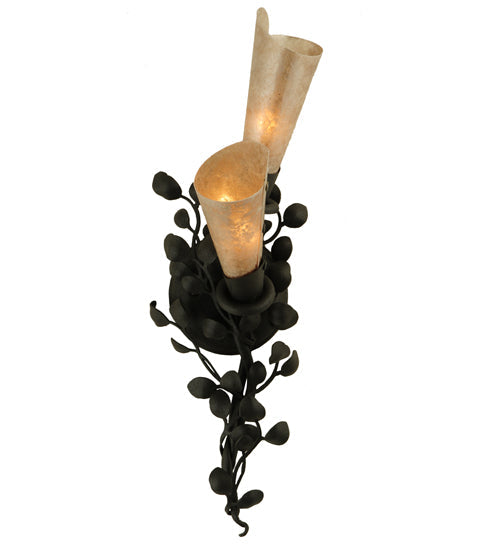 Meyda Lighting Vinca Vine 6" 2-Light Old Wrought Iron Wall Sconce With Silver Mica Shade Glass