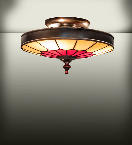 Meyda Lighting Vincent 10" 3-Light Craftsman Brown Honeycomb Flush Mount Light With Red & Beige Shade Glass