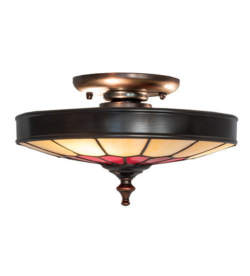 Meyda Lighting Vincent 10" 3-Light Craftsman Brown Honeycomb Flush Mount Light With Red & Beige Shade Glass