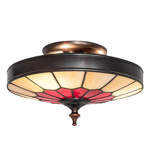 Meyda Lighting Vincent 10" 3-Light Craftsman Brown Honeycomb Flush Mount Light With Red & Beige Shade Glass
