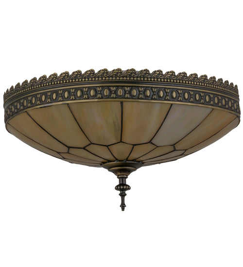 Meyda Lighting Vincent 15" 3-Light Craftsman Brown Flush Mount Light With Beige Iridescent Art Shade Glass