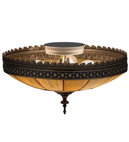 Meyda Lighting Vincent 15" 3-Light Craftsman Brown Flush Mount Light With Beige Iridescent Art Shade Glass