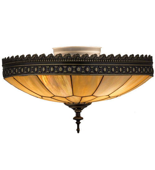 Meyda Lighting Vincent 15" 3-Light Craftsman Brown Flush Mount Light With Beige Iridescent Art Shade Glass