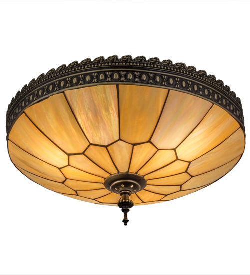 Meyda Lighting Vincent 15" 3-Light Craftsman Brown Flush Mount Light With Beige Iridescent Art Shade Glass