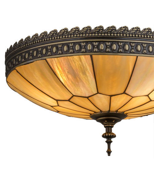 Meyda Lighting Vincent 15" 3-Light Craftsman Brown Flush Mount Light With Beige Iridescent Art Shade Glass
