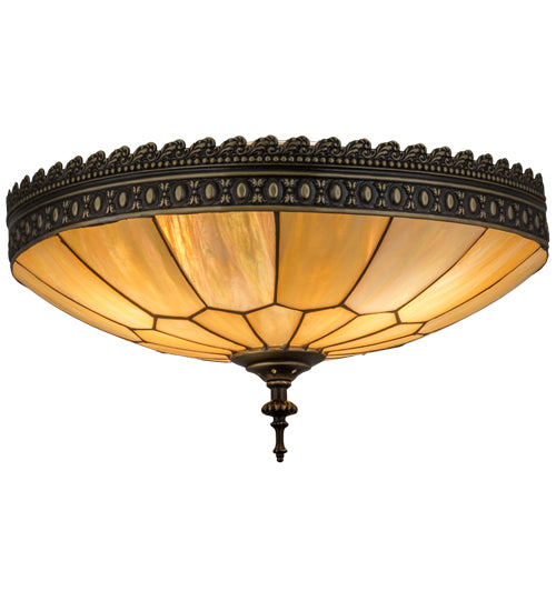 Meyda Lighting Vincent 15" 3-Light Craftsman Brown Flush Mount Light With Beige Iridescent Art Shade Glass