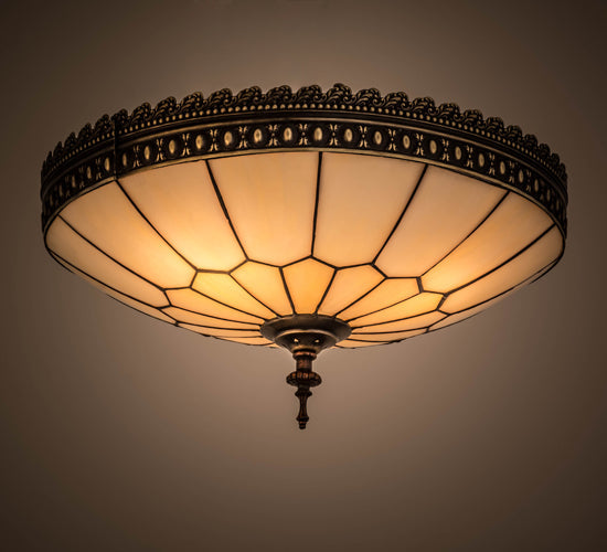 Meyda Lighting Vincent 15" 3-Light Craftsman Brown Highlighted Flush Mount Light With Beige Art Shade Glass